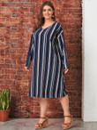 Women Plus Block Stripe Drop Shoulder Tunic Dress
