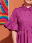 Women Plus Size Flounce Trim Solid Shirt Dress