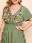 Women Plus Size Button Front Floral Embroidered Split Hem Dress