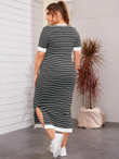 Women Plus Size Split Hem Striped Ringer Tee Dress