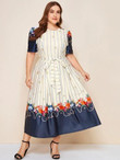 Women Plus Size Starfish & Stripe Mixed Print Belted Dress