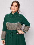 Women Plus Size Pearls Detail Contrast Sequin Belted A-line Dress