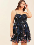 Women Plus Size Zipper Back Embroidery Mesh Overlay Dress