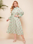 Women Plus Size Ruffle Neck and Cuff Floral Dress