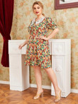 Women Plus Size Contrast Lace Doll Collar Allover Floral Dress