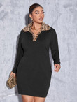 Women Plus Size Leopard Borg Collar Bodycon Dress