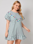 Women Plus Size Tassel Trim Ruffle Hem Stripe Dress