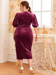 Women Plus Size Lantern Sleeve Surplice Neck Split Back Velvet Dress