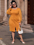 Women Plus Size Covered Button Front Bishop Sleeve Fitted Dress