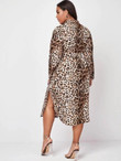 Women Plus Size Leopard Print Belted Shirt Dress