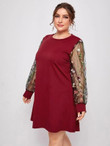 Women Plus Size Embroidery Mesh Sleeve Tee Dress