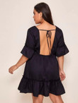 Women Plus Size Tied Open Back Ruffle Trim Dress