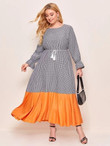 Women Plus Size Contrast Panel Gingham Belted Dress