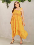 Women Plus Size Button Front Shirred Ruffle Hanky Hem Ditsy Floral Sundress