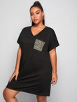 Women Plus Size V-neck Leopard Pocket Patched Rolled Cuff Tee Dress