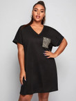 Women Plus Size V-neck Leopard Pocket Patched Rolled Cuff Tee Dress