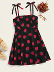 Women Plus Size Strawberry Print Self Tie Shoulder Dress