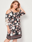 Women Plus Size Floral Print Cold Shoulder Tunic Dress