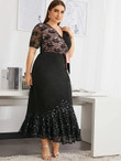 Women Plus Size Two Tone Lace Panel Tie Side Fishtail Hem Dress
