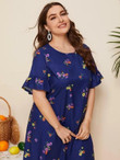 Women Plus Size Ruffle Cuff Floral Print Dress