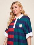 Women Plus Size Daisy Floral Embroidered Colorblock Striped Polo Dress