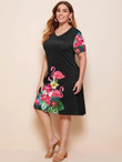 Women Plus Size Flamingo & Floral Print V-neck Tee Dress