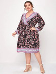 Women Plus Size Floral Print Surplice Front A-line Dress