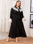 Women Plus Size Embroidery Mesh Trim Peter-pan Collar Lace Ruffle Cuff Belted Dress