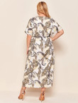 Women Plus Size Paisley Print Batwing Sleeve Tassel Tie Waist Dress