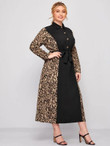 Women Plus Size Leopard Spliced Button Front Belted Shirt Dress