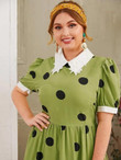 Women Plus Size Contrast Collar & Cuff Polka Dot Maxi Dress