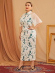 Women Plus Size Contrast Mesh Sleeve Allover Floral Chinese Qi Pao Dress