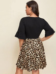 Women Plus Size Flounce Sleeve Leopard Print Combo Dress