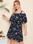 Women Plus Size Floral Print Cold Shoulder A-line Dress
