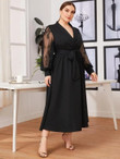 Women Plus Size Lace Bishop Sleeve Belted Dress