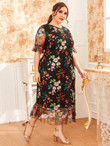 Women Plus Size Ruffle Trim Floral Embroidered Mesh Overlay Dress