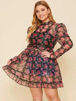 Women Plus Size Gigot Sleeve Ruffle Hem Floral Organza Sheer Dress