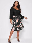 Women Plus Size Bell Sleeve Floral Print A-line Dress