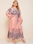 Women Plus Size Lantern Sleeve Floral & Polka Dot Print Belted Dress