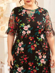 Women Plus Size Ruffle Trim Floral Embroidered Mesh Overlay Dress