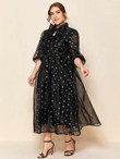 Women Plus Size Floral Embroidery Tie Neck Mesh Overlay Dress