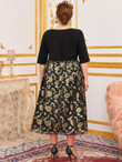 Women Plus Size Square Neck Gold Floral Organza Overlay Combo Dress