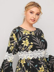 Women Plus Size Contrast Lace Panel Allover Floral Dress