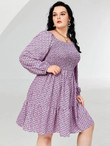 Women Plus Size Ditsy Floral Print Shirred Ruffle Hem Dress