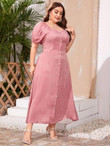 Women Plus Size Puff Sleeve Button Front Silky Dress