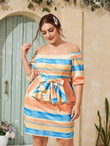 Women Plus Size Off The Shoulder Color Block Ruffle Belted Dress