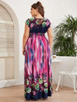 Women Plus Size Tie Dye Floral Print Shirred Waist Floor Dress
