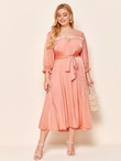 Women Plus Size Schiffy Frill Trim Ruched Front Self Belted Dress