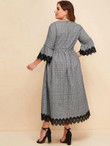 Women Plus Size Guipure Lace Trim Bell Sleeve Glen Plaid Dress