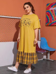 Women Plus Size Drop Shoulder Cartoon Graphic Tartan Ruffle Hem Dress